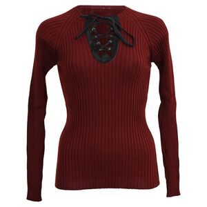 Jean Paul Gaultier Ribbed-Knit Lace-Up Accent Sweater in Burgundy Wool